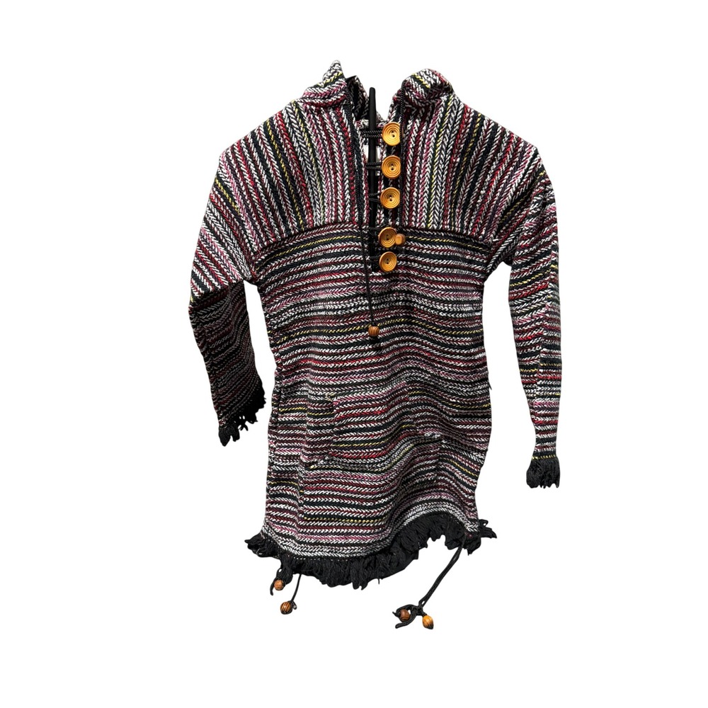 Earth Ragz Baja Hoodie Men's Medium Black Red Striped Woven Baja Joe Pullover